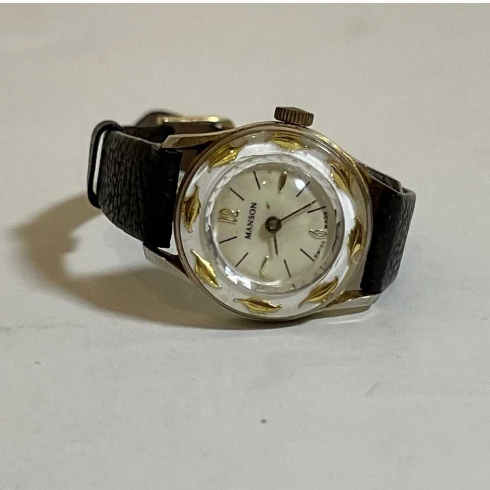 Vintage Manson Swiss Made Ladies Watch Gold Tone Round Bezel Brown Leather Strap